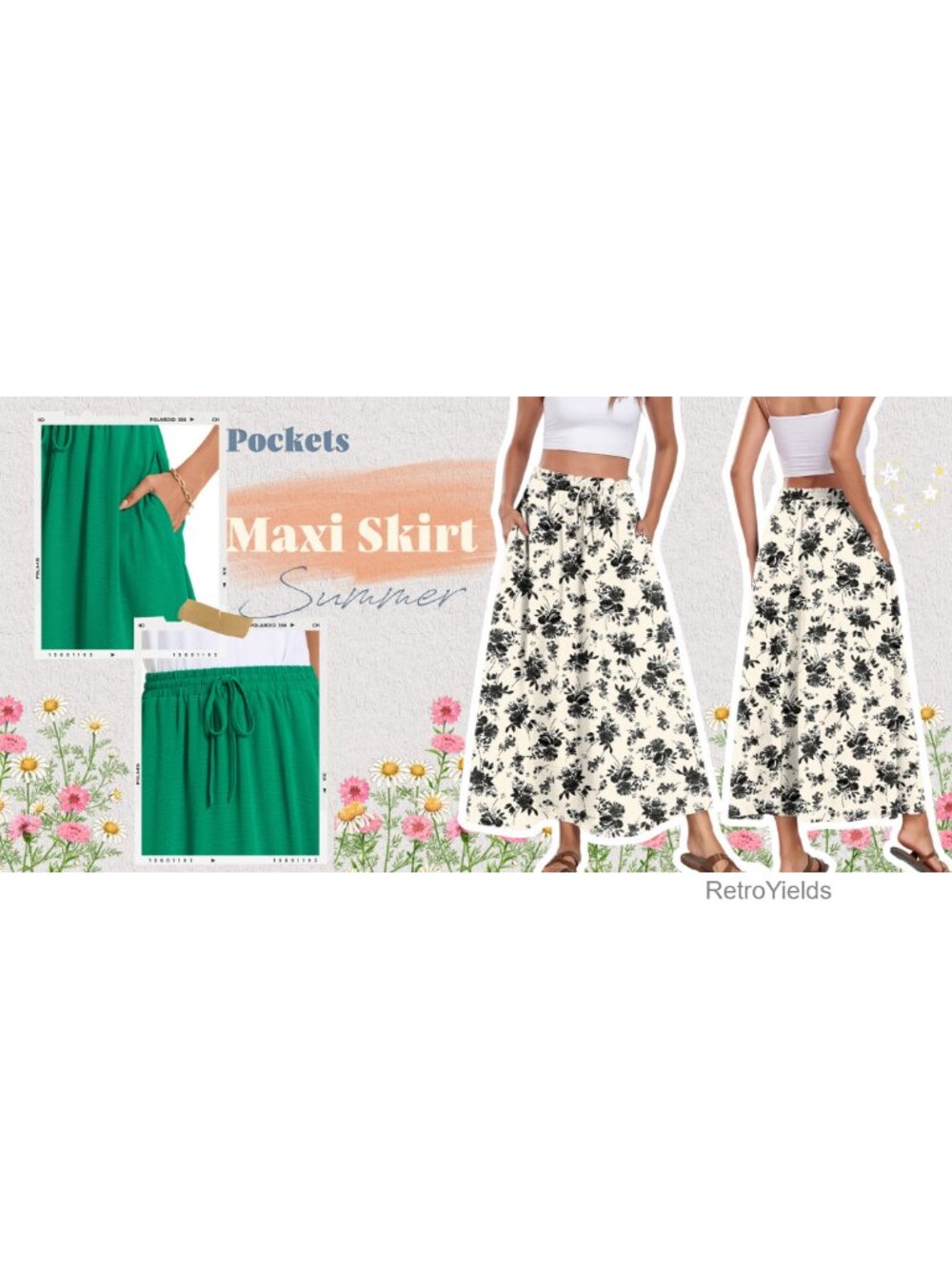 Flowy Maxi Skirt with Pockets Elastic Waist Pleated Boho Beach Long Skirt - Picture 6 of 6